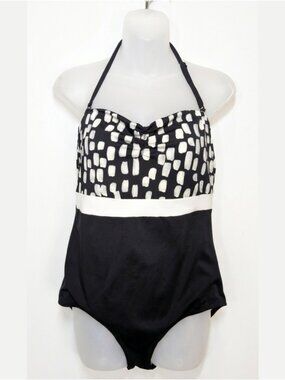 Joe Fresh Abstract Print Halter OnePiece Swimsuit Womens Size Large Black Cream